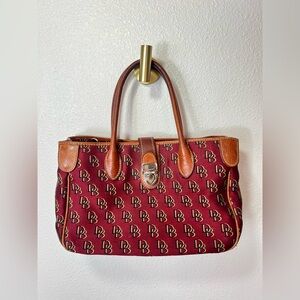Dooney & Bourke Burgundy and Brown Signature DB Canvas Handbag